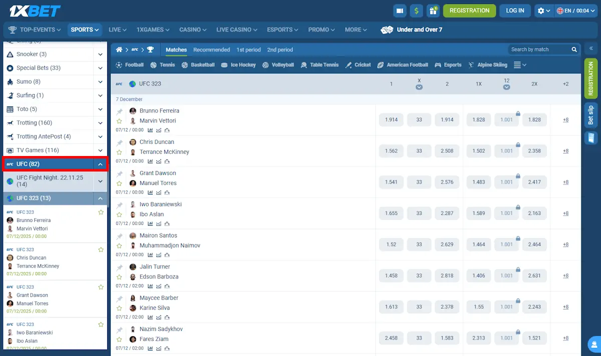 MMA 1xBet UFC Screenshot